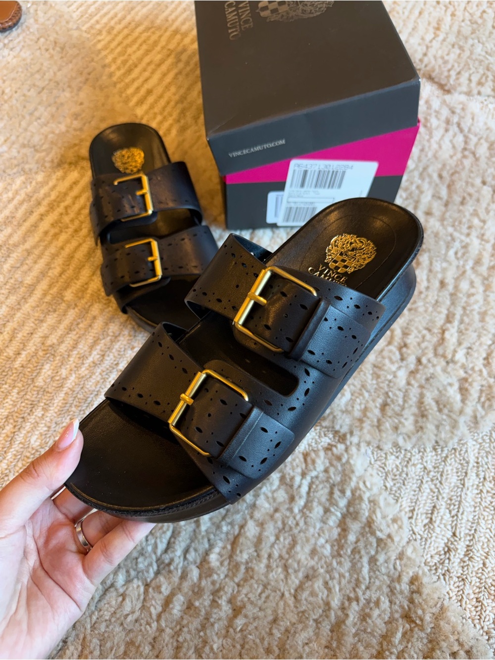 Vince Camuto‎ Black Double-Buckle Perforated Slide Sandals with Gold Buckles